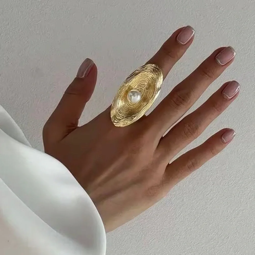 Gold Textured Ring with White Pearl - Women Jewelry